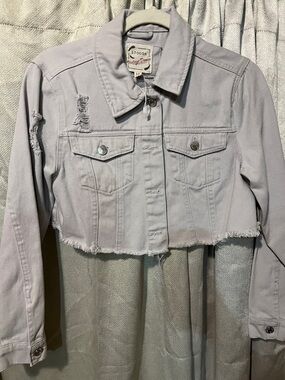 Stoosh Cropped Distressed Denim Jacket - Pale Lavender Gray